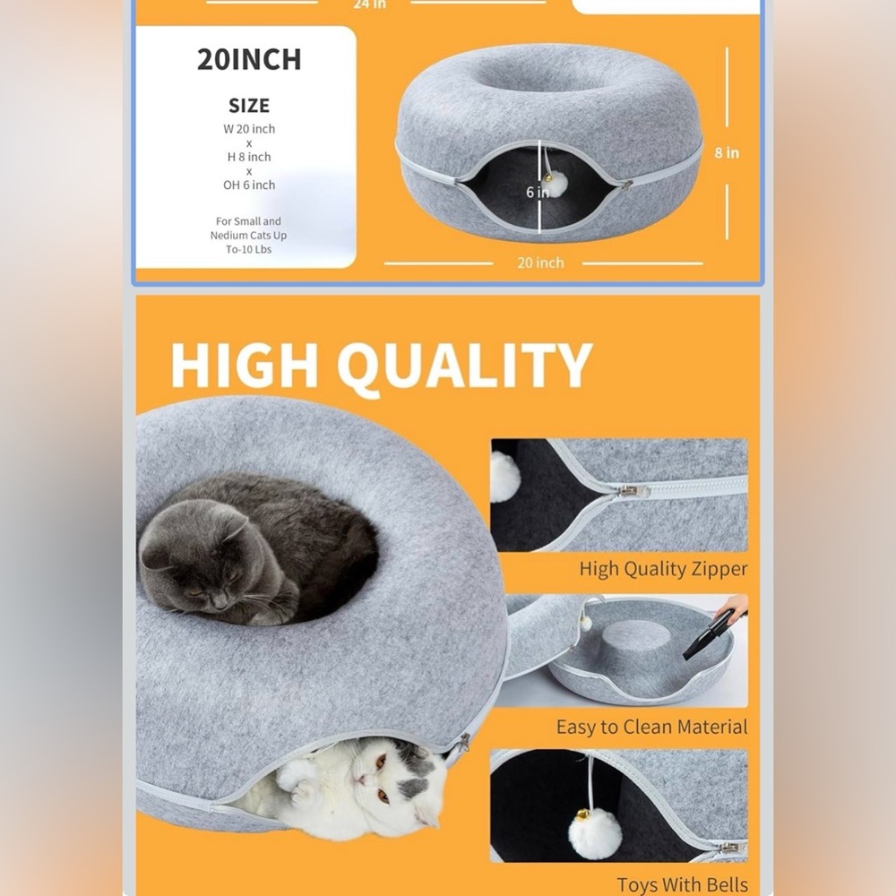 Gray Cat Donut Bed and Tunnel with Zipper - Cozy Pet Nest